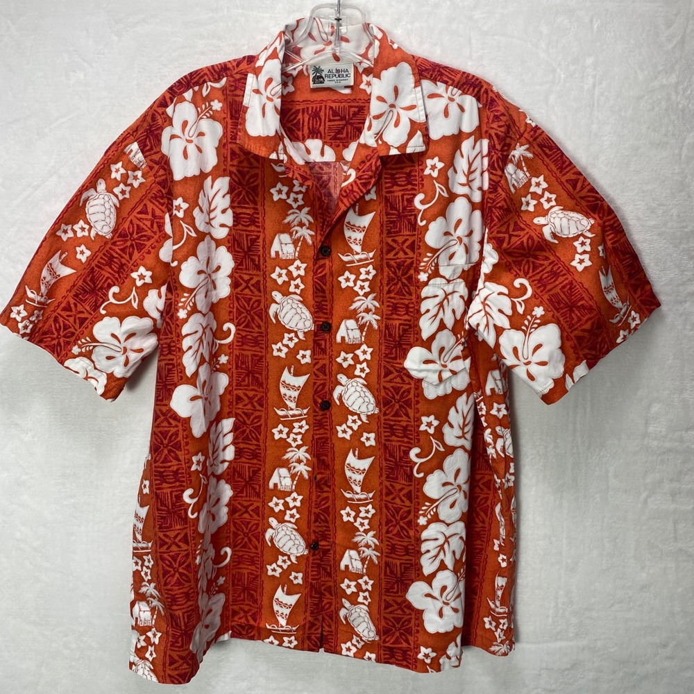 Aloha Republic L Hawaiian Shirt Mens Orange Short Sleeve Made in‎ USA Beach